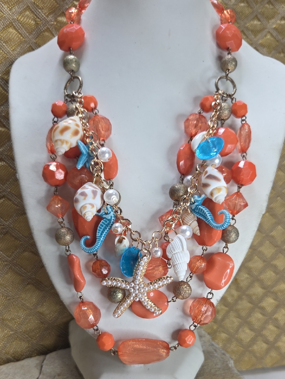 Coral Color Ocean Charm Multi-Strand Necklace - Vintage Upcycle